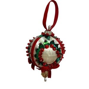 Vintage Handmade Satin Push Pin Christmas Ornament Red White Holly Beaded 3"